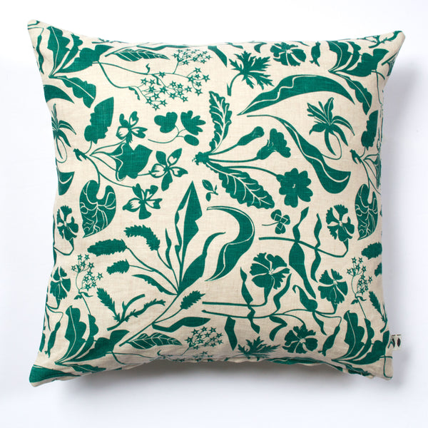 beautiful green wildflowers printed and a natural linen square pillow