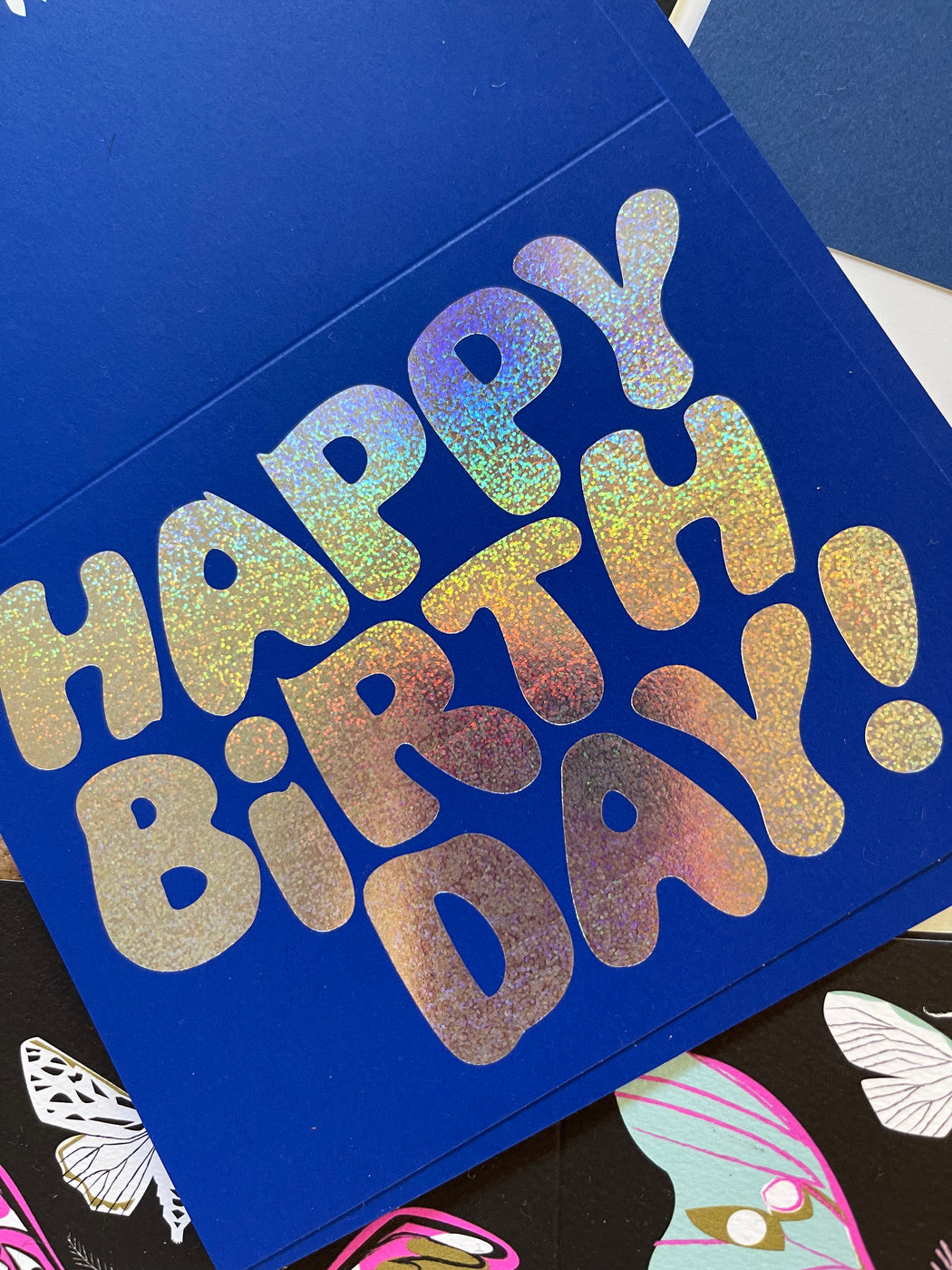 Glitter Foil on Blue Happy Birthday Note Card