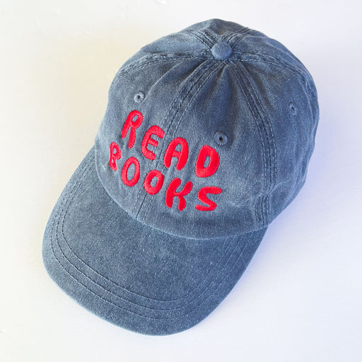 navy cotton baseball cap embroidered with "Read Books" in red 