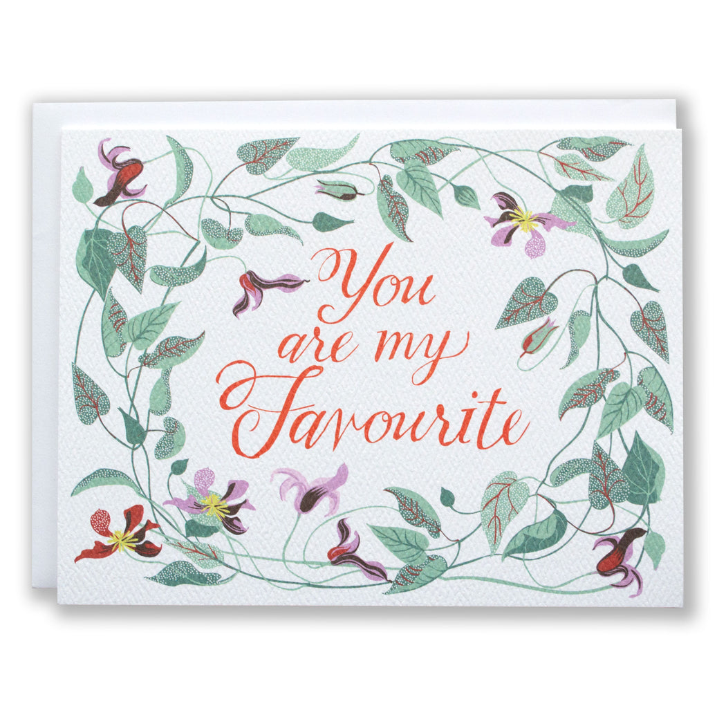 note card with you are my favourite in Canadian spelling with twinging clematis frame