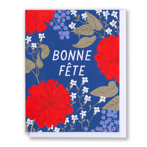 Bonne Fête birthday card with red and blue flowers