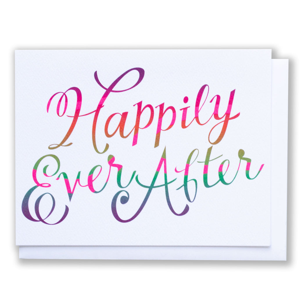 Wedding Card with script font Happily Ever After in Rainbow Ombre