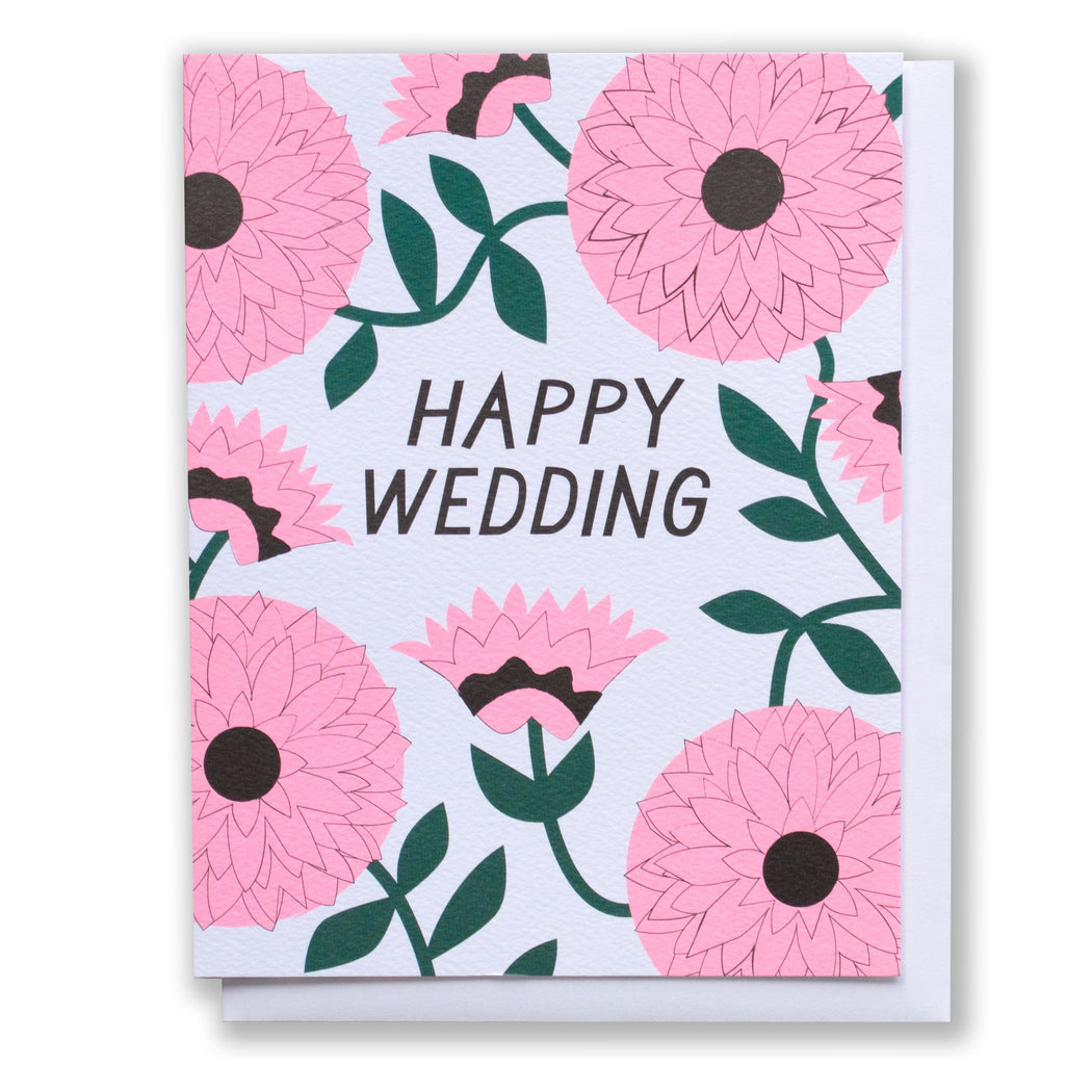 Happy Wedding pink zinnia note card on white background hand drawn with pink flowers