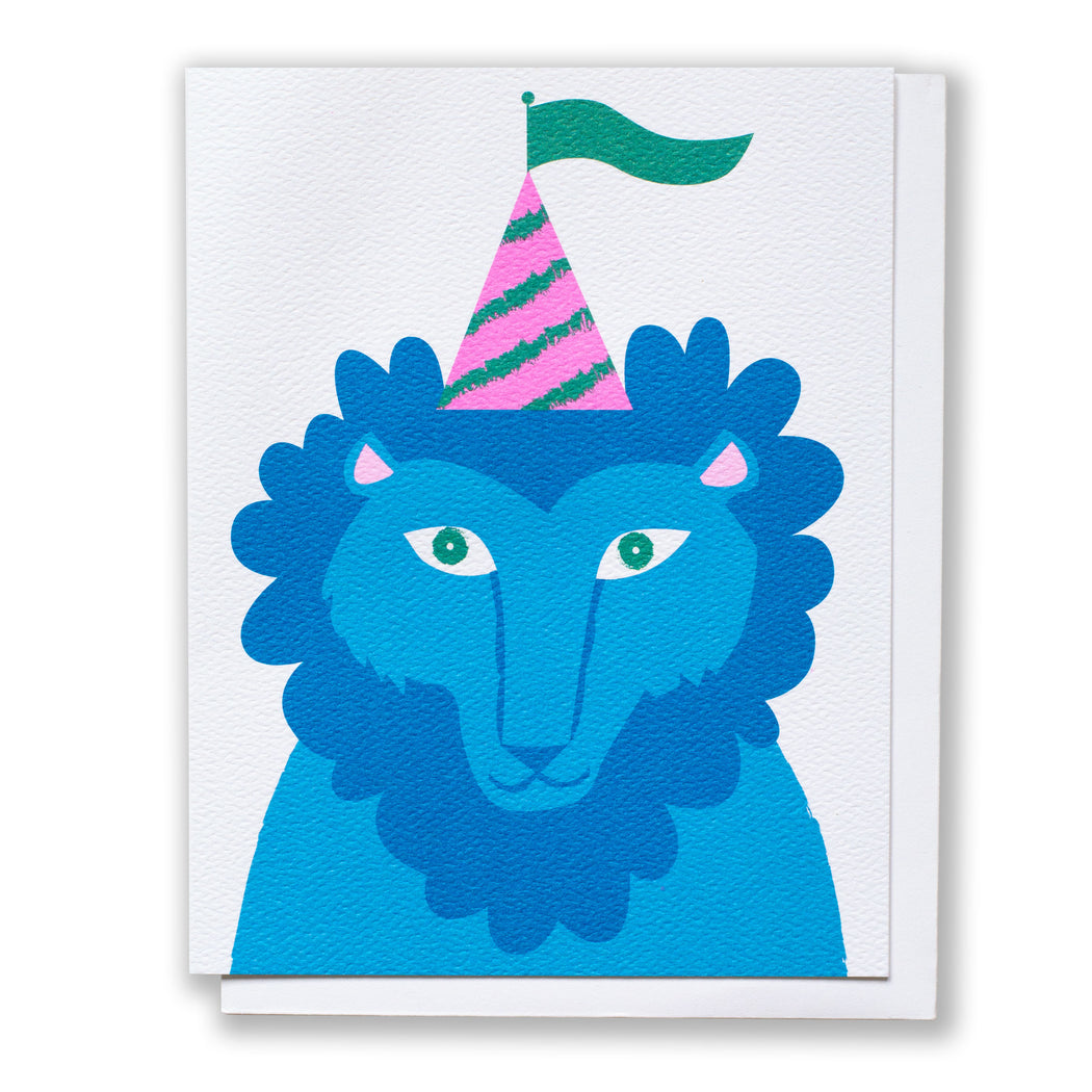 Blue Lion in a cone shaped birthday hat on a funny Banquet Workshop Birthday Card