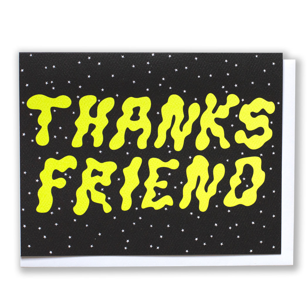 Note Card features the night sky with Thanks Friend spelled out in wiggly neon yellow letters