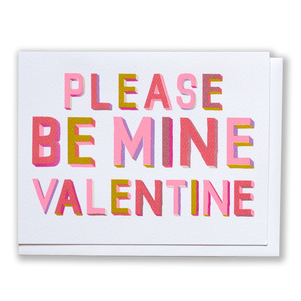 blocky text on this note card reads "Please be Mine Valentine" in a warm and romantic palette of colours