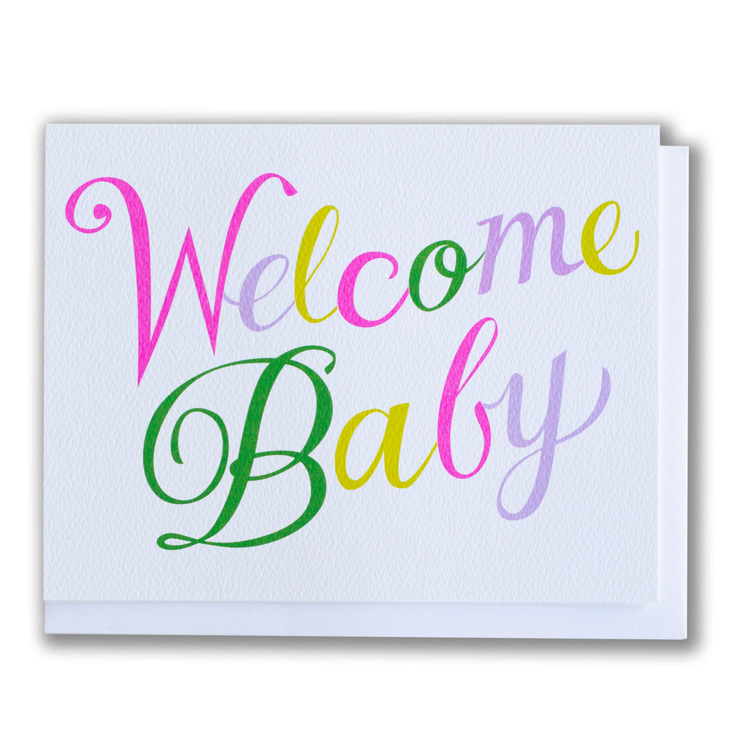 Welcome Baby in an elegant cursive and easter egg hues of lilac, mint and neon pink