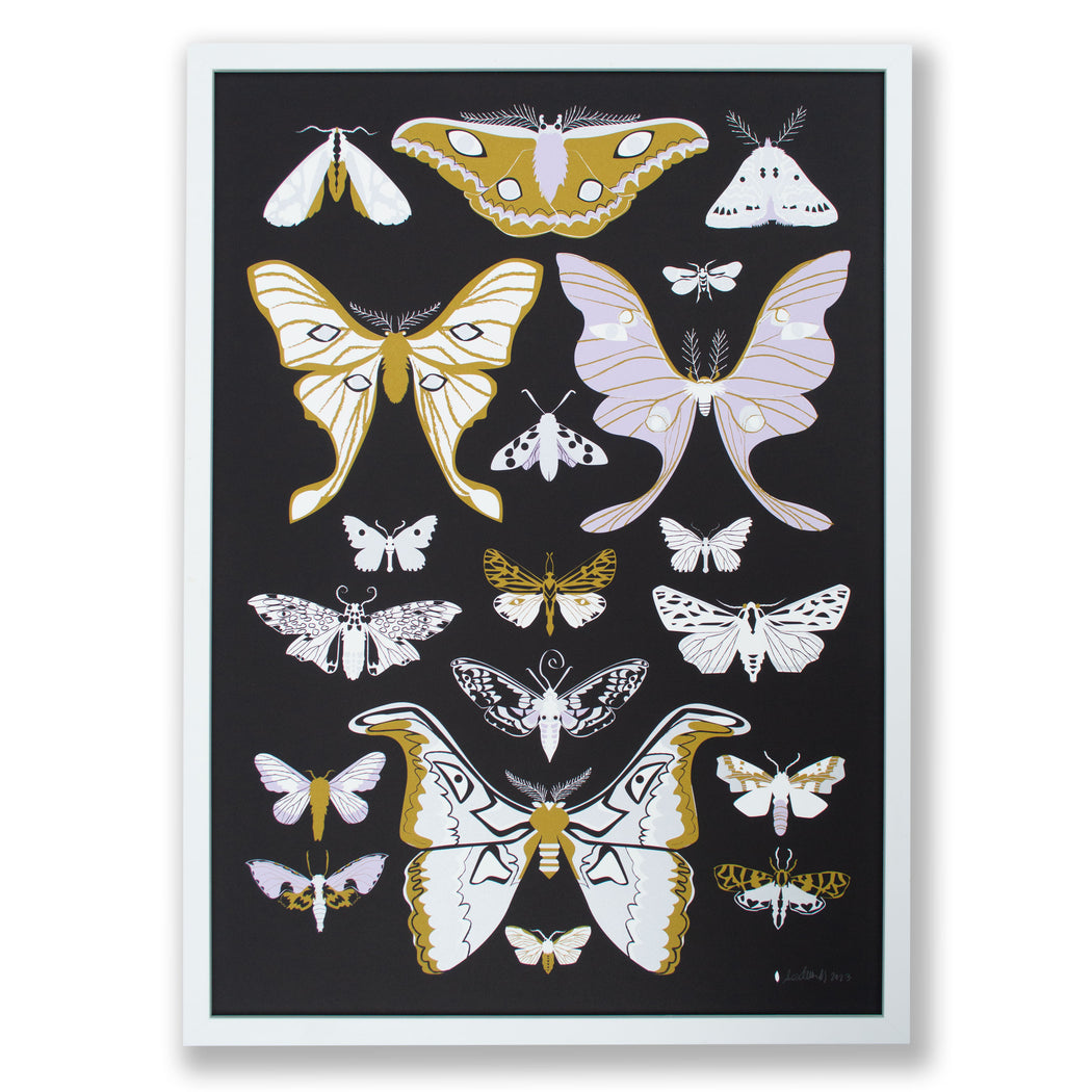 multiple moth poster art print in metallic silver, mustard and lilac on black background