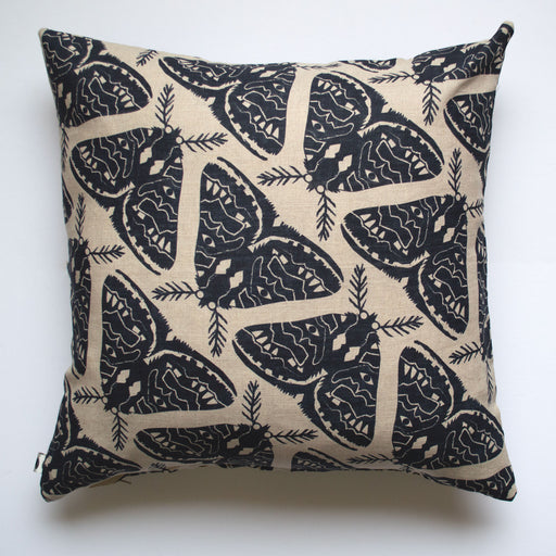 Charcoal Black Moths on Natural 100% Linen Pillow Cover