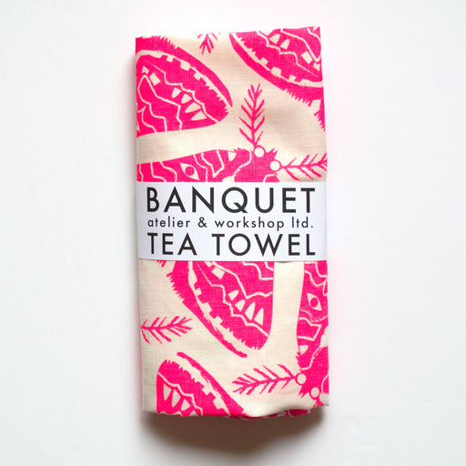Neon Pink Moths Tea Towel