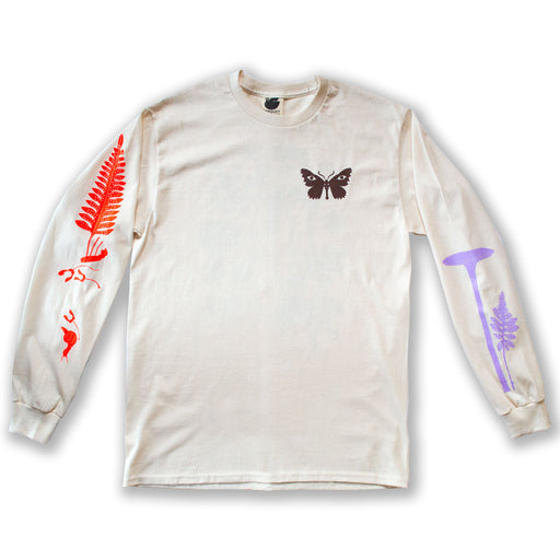long sleeved shirt printed with a brown moth, neon red fern and snail, and lavender mushroom