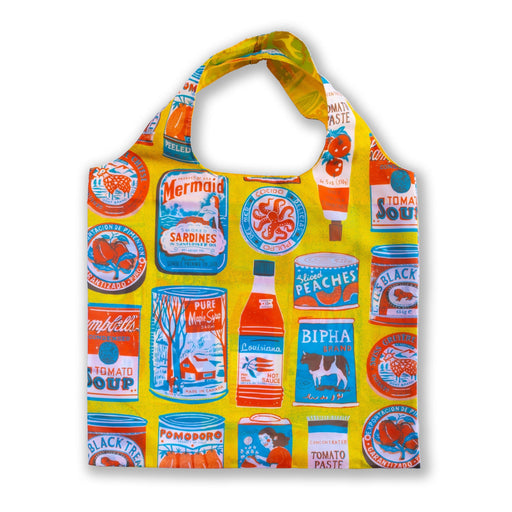 reusable shopping bag printed with cheery food tins on a yellow background