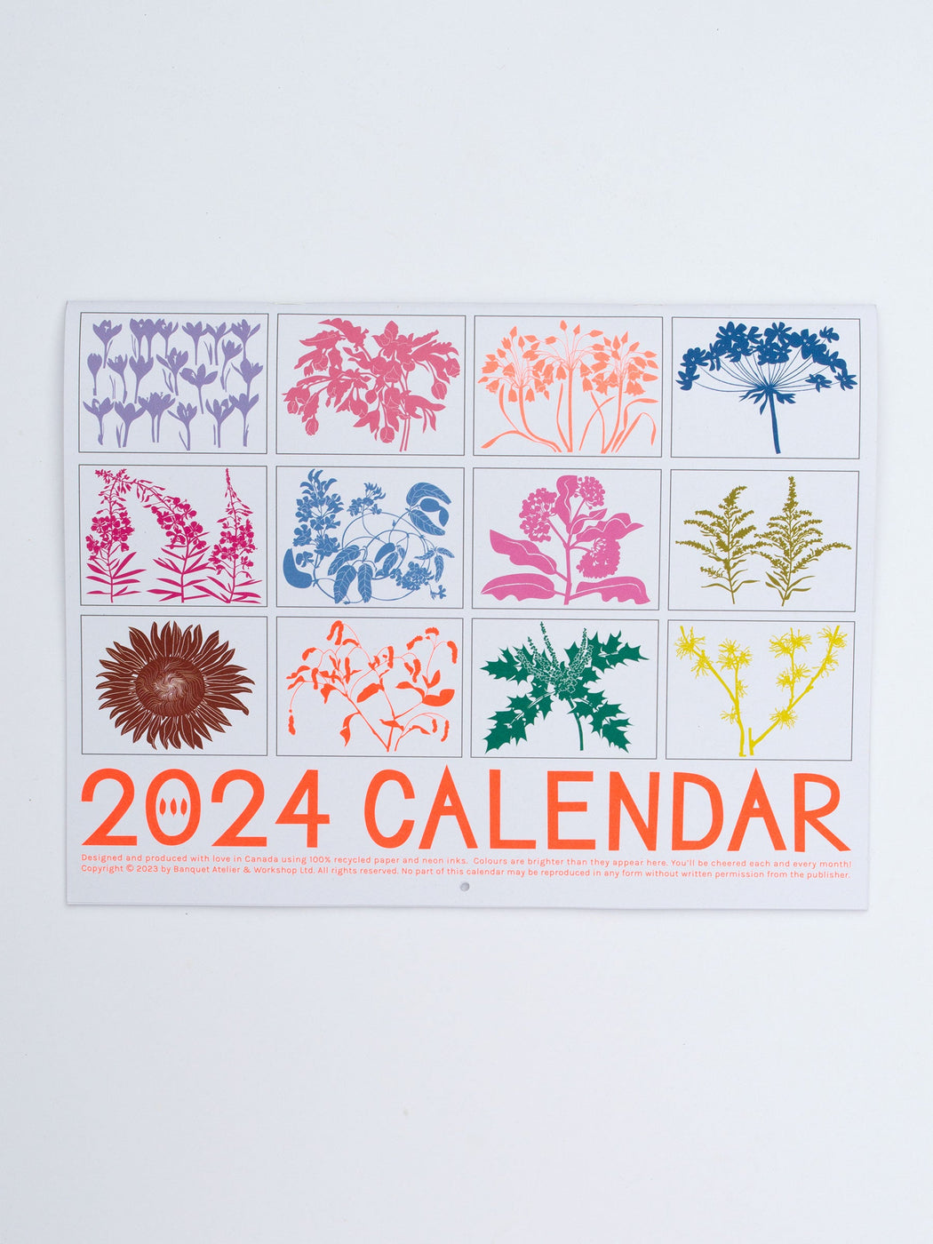 Back cover of banquet Workshop's 2024 calendar featuring illustrations of pollinator plants