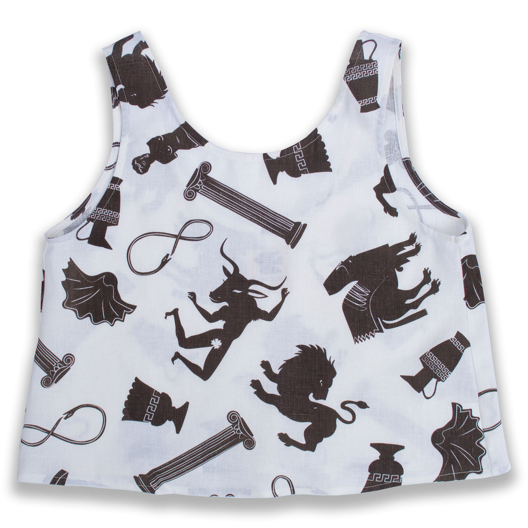Linen tank top printed with urns, ionic columns, lamas, orobouros, and giant clamshells. oh and a minotaur too!