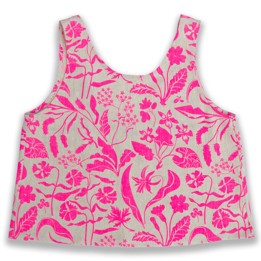linen sleeveless tank printed with neon pink wildflowers including primula and violets