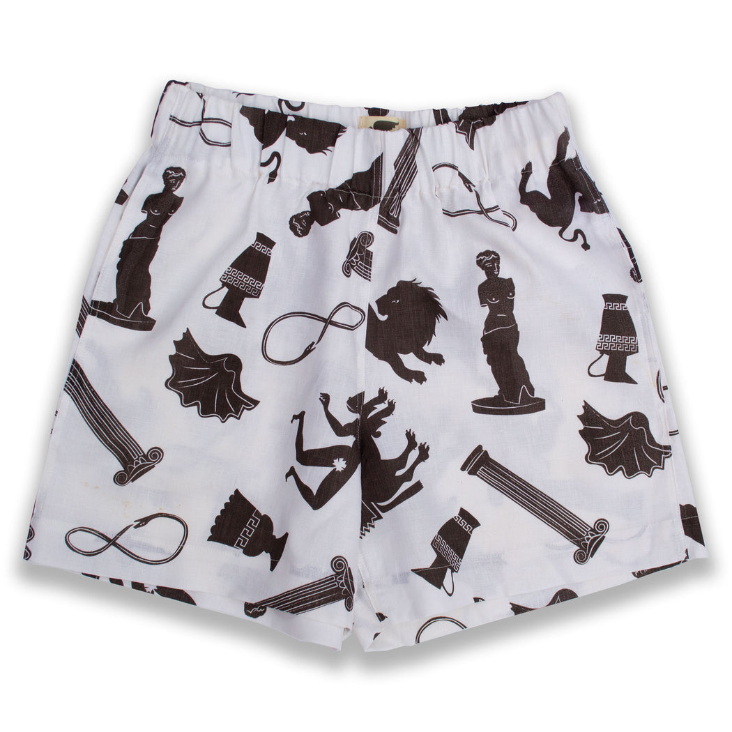 simple linen shorts with pockets printed with symbols of the ancient world