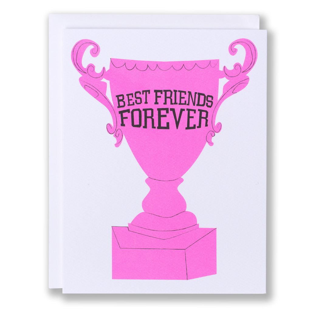 hand drawn orchids in neon purple golden green and text in black that say Happy Birthday You Sexy Thing and Best Friend Forever written on a pink trophy