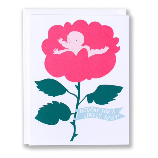 a cute new born baby inside a bring pink rose flower with green leaves and a blue banner that states Hooray for a Lovely Baby