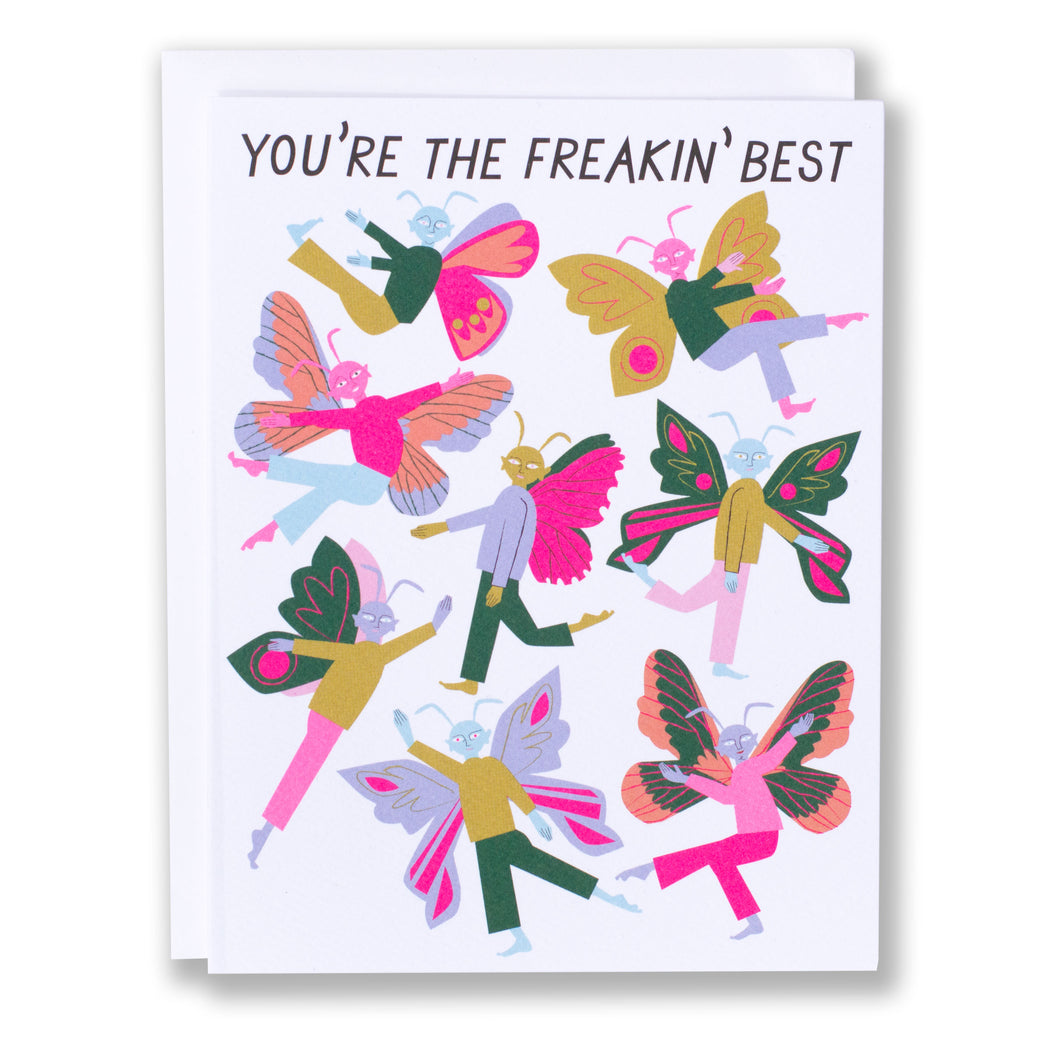 You're the Freakin' Best Black text Note Card with a bevy of fairies in bright greens, pinks and browns