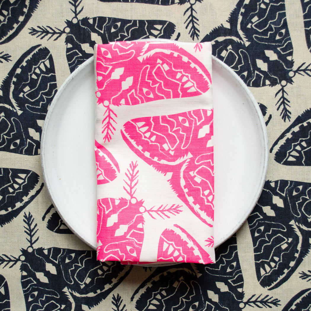 Neon Pink Moths 100% Linen Tea Towel