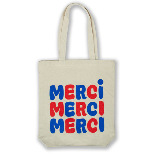 bubble letter merci-merci-merci tote bag with letters alternating red and blue