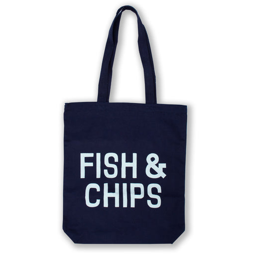 Navy tote bag screen printed with white Fish & Chips in a vintage inspired typeface