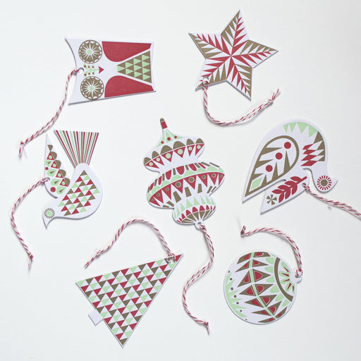 Christmas Ornament Garland Gift Tag Set in Mint, Red and Gold - set of 7 Letter Press