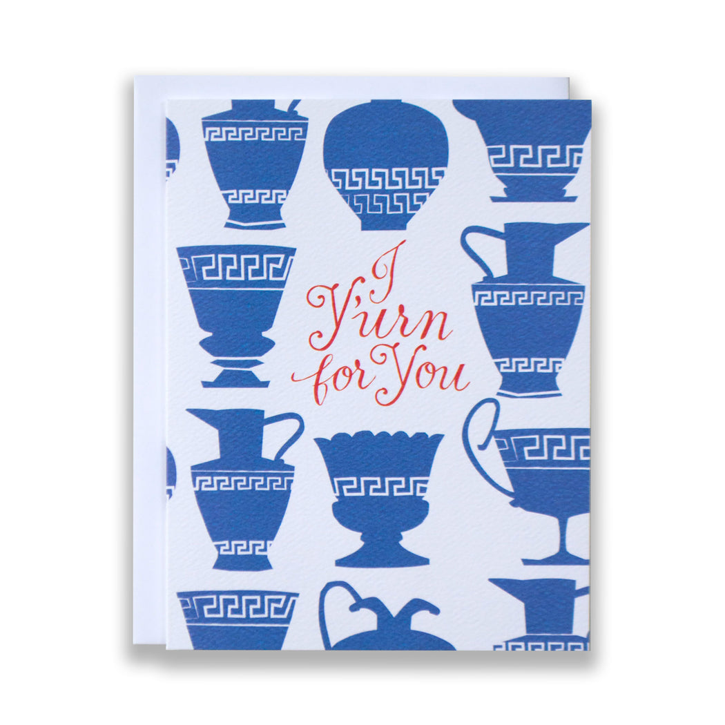greek urns/pottery card/ceramics/blue and white/y'urn for you