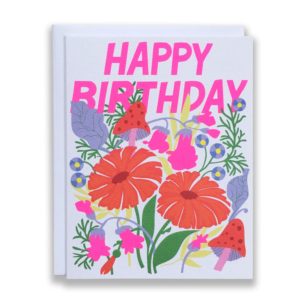 Happy Birthday Note Card with Mushrooms and Florals
