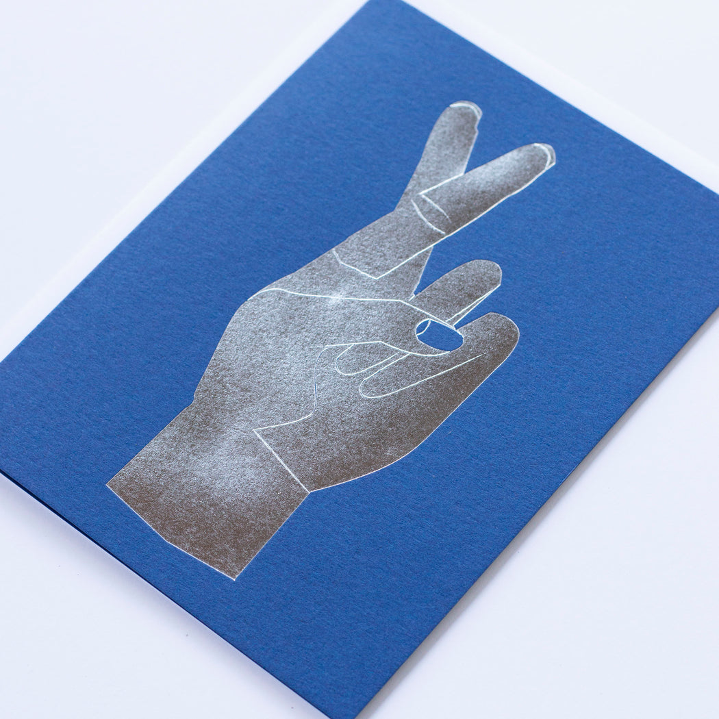 Fingers Crossed silver foil on Electric Blue Note Card