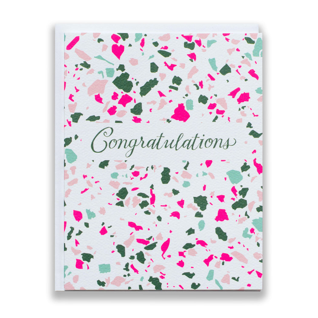 neon pink and green, terrazzo, congratulations card, hand-lettering