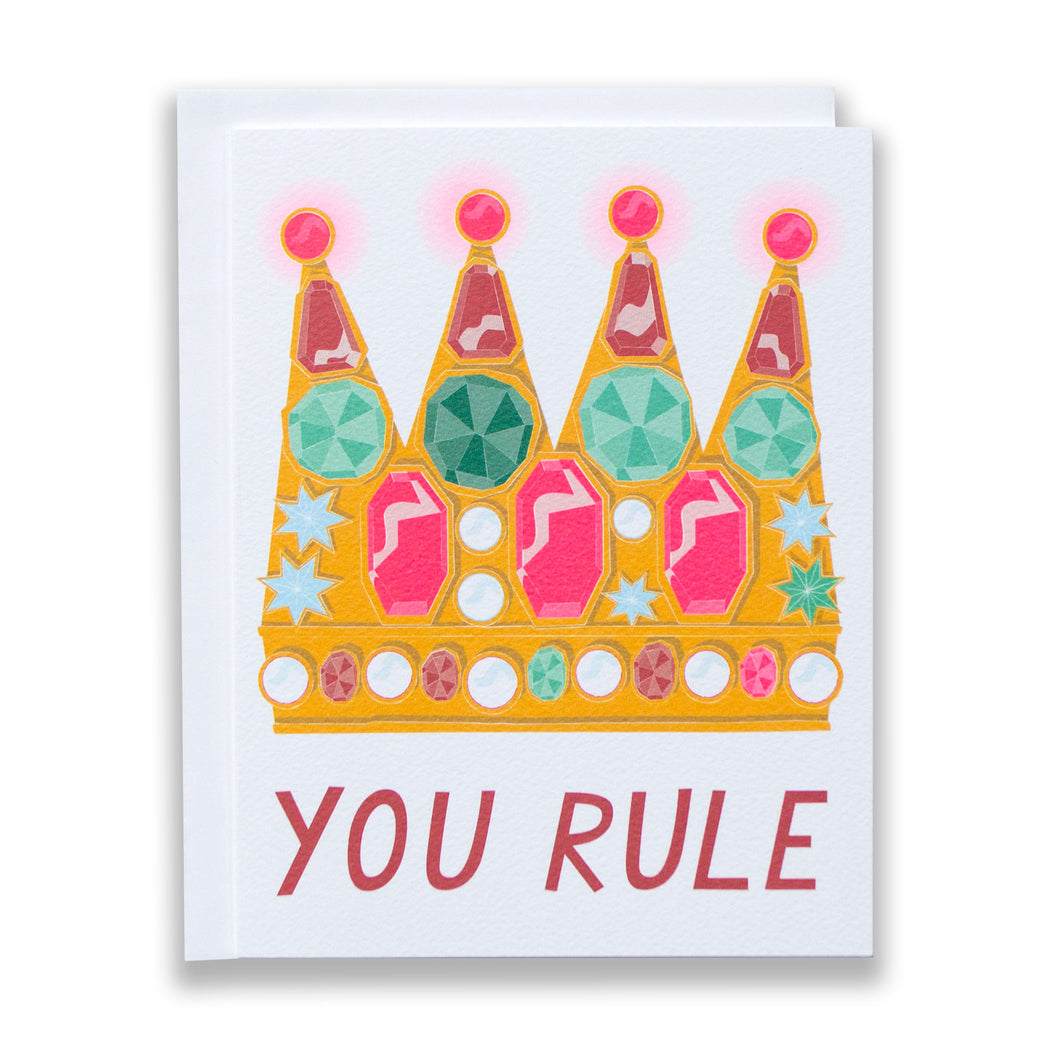 crown with jewels on a note card reading you rule