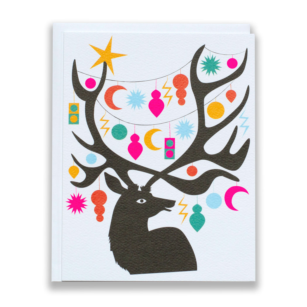 deer silhouette with ornament antlers holiday card