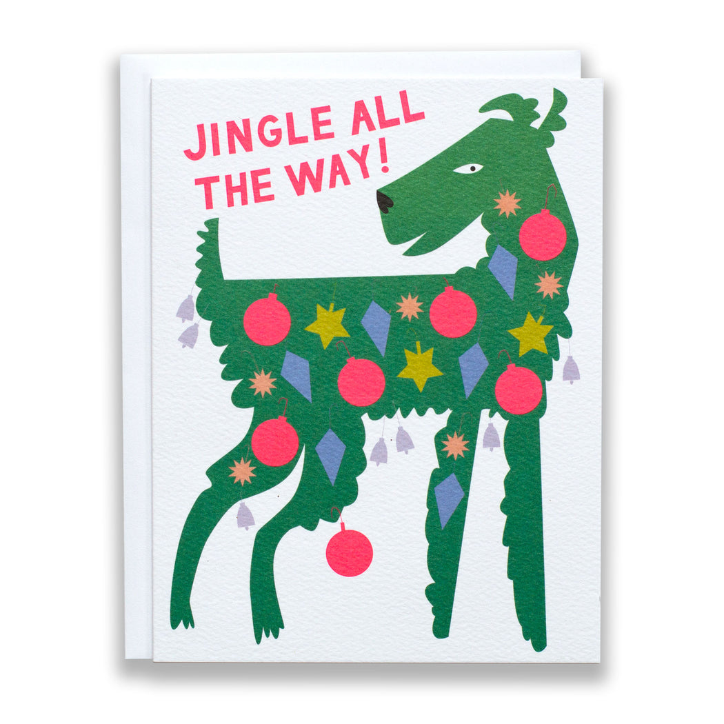 holiday cards/christmas cards/dog christmas cards/jingle all the way/decorated dogs/neon pink