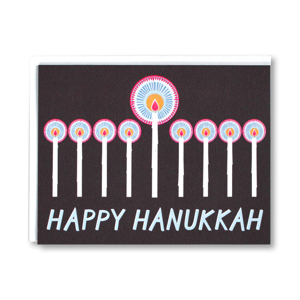 Happy Hanukkah Card with menorah candles aflame