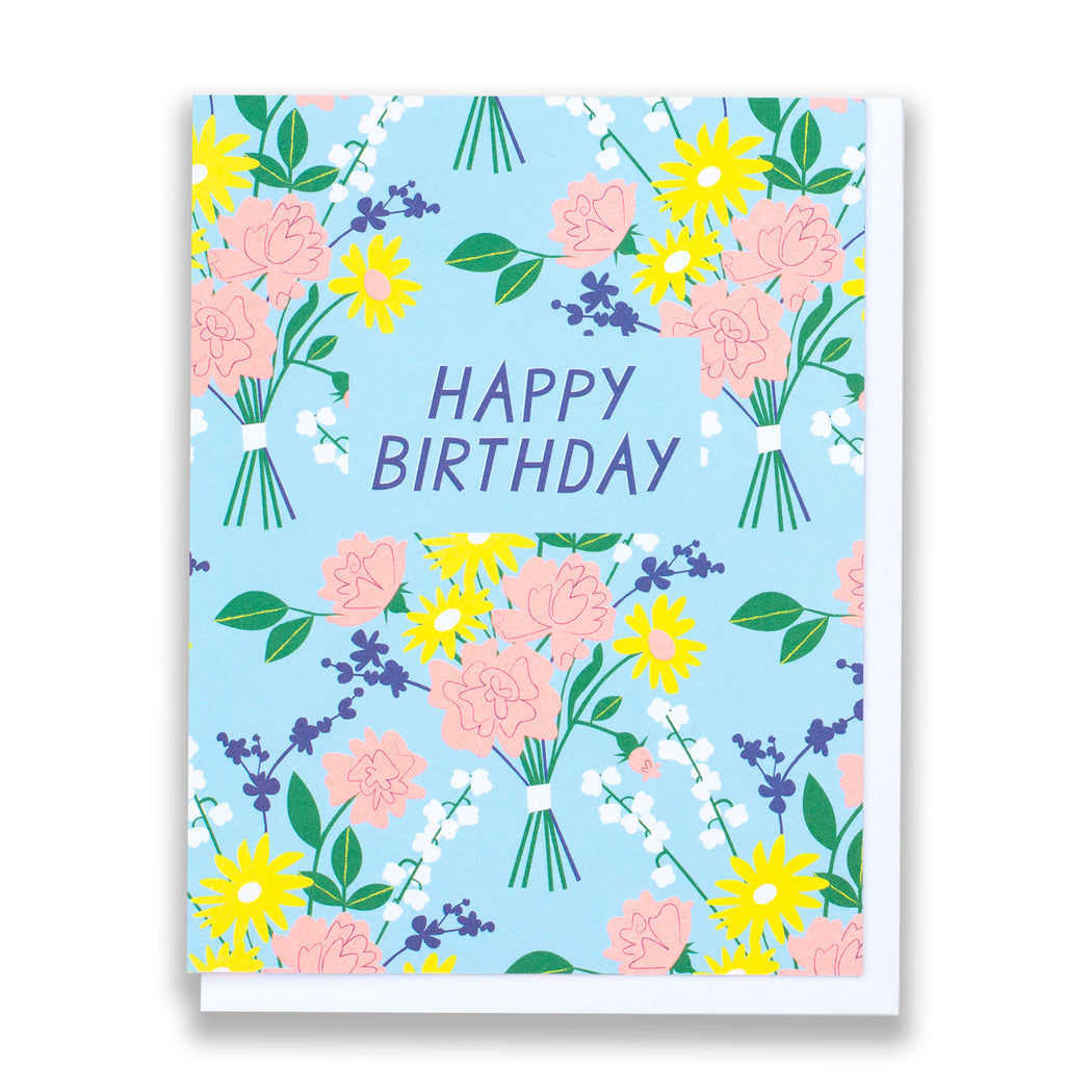 60s floral birthday card in turquoise blue and yellow with neon peach