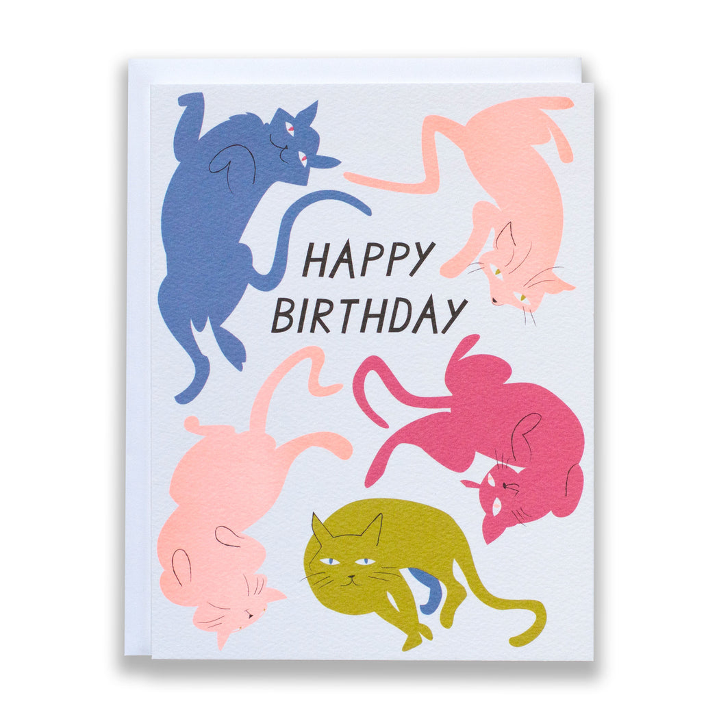 a bunch of cats and kittens in different bright pinks blues and green saying happy birthday on a card