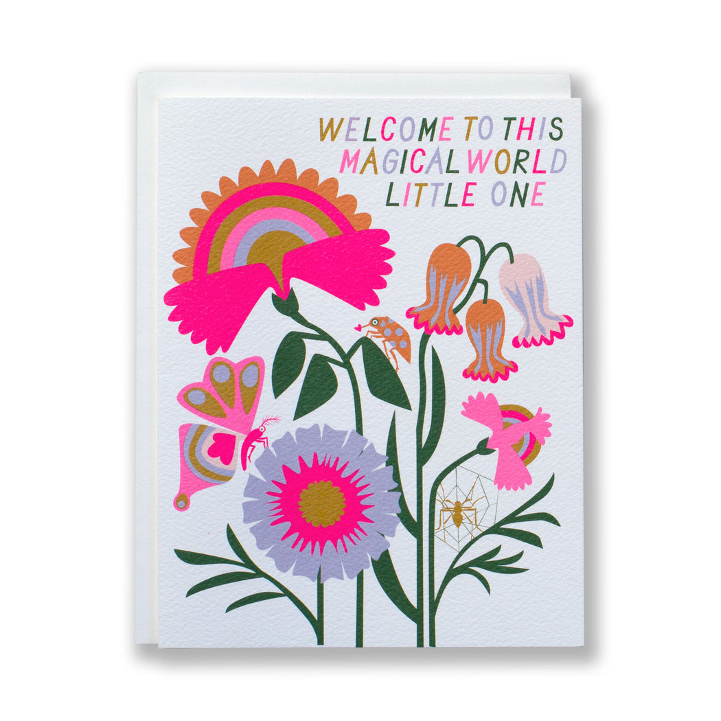 flowers and garden insects on a baby card