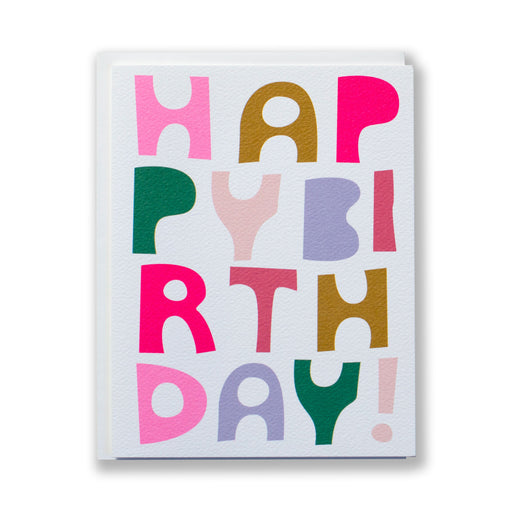 wonky block letters read Happy Birthday in bright colours