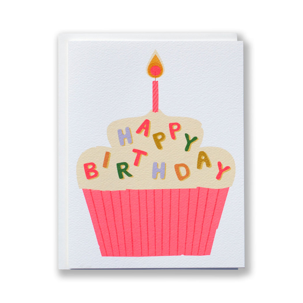 a cupcake card with alphabet sprinkles spelling happy birthday