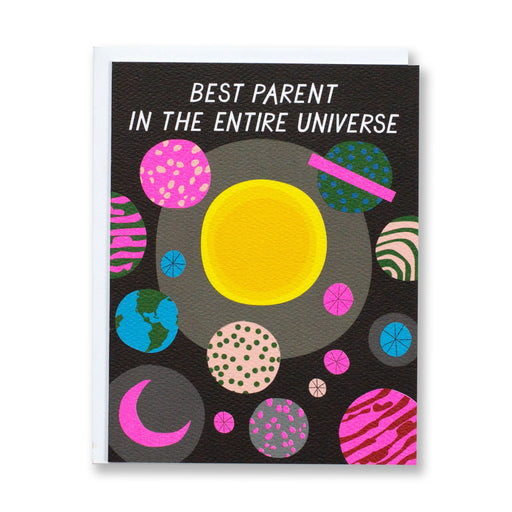 a card with a jumbled cosmos of vibrant plants and a best parent in the entire universe greeting