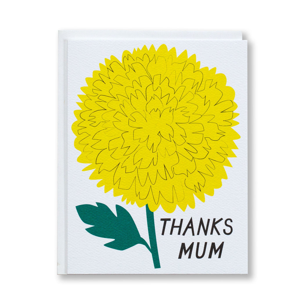 card with a bright yellow chrysanthemum reads "thanks mum"