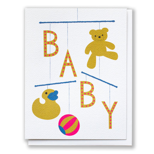 baby card with an illustration of a baby mobile