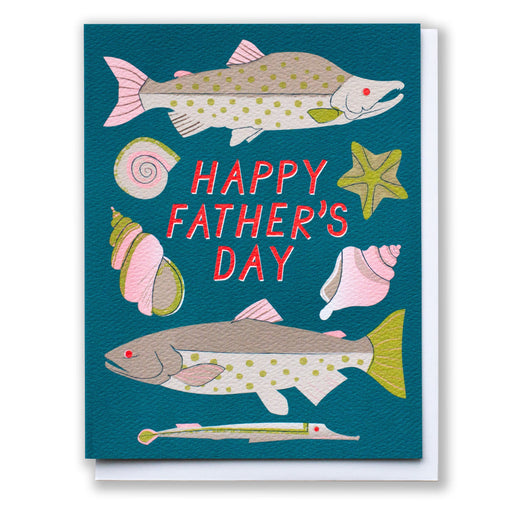 salmon and other sea creatures on a deep teal blue with a happy father's day greeting