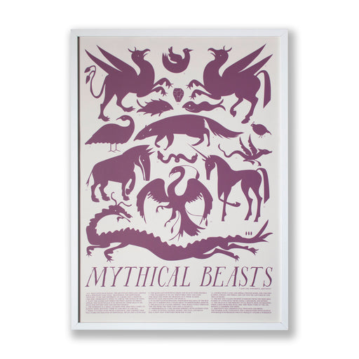 Framed plum on grey screen print of Mythical Beasts