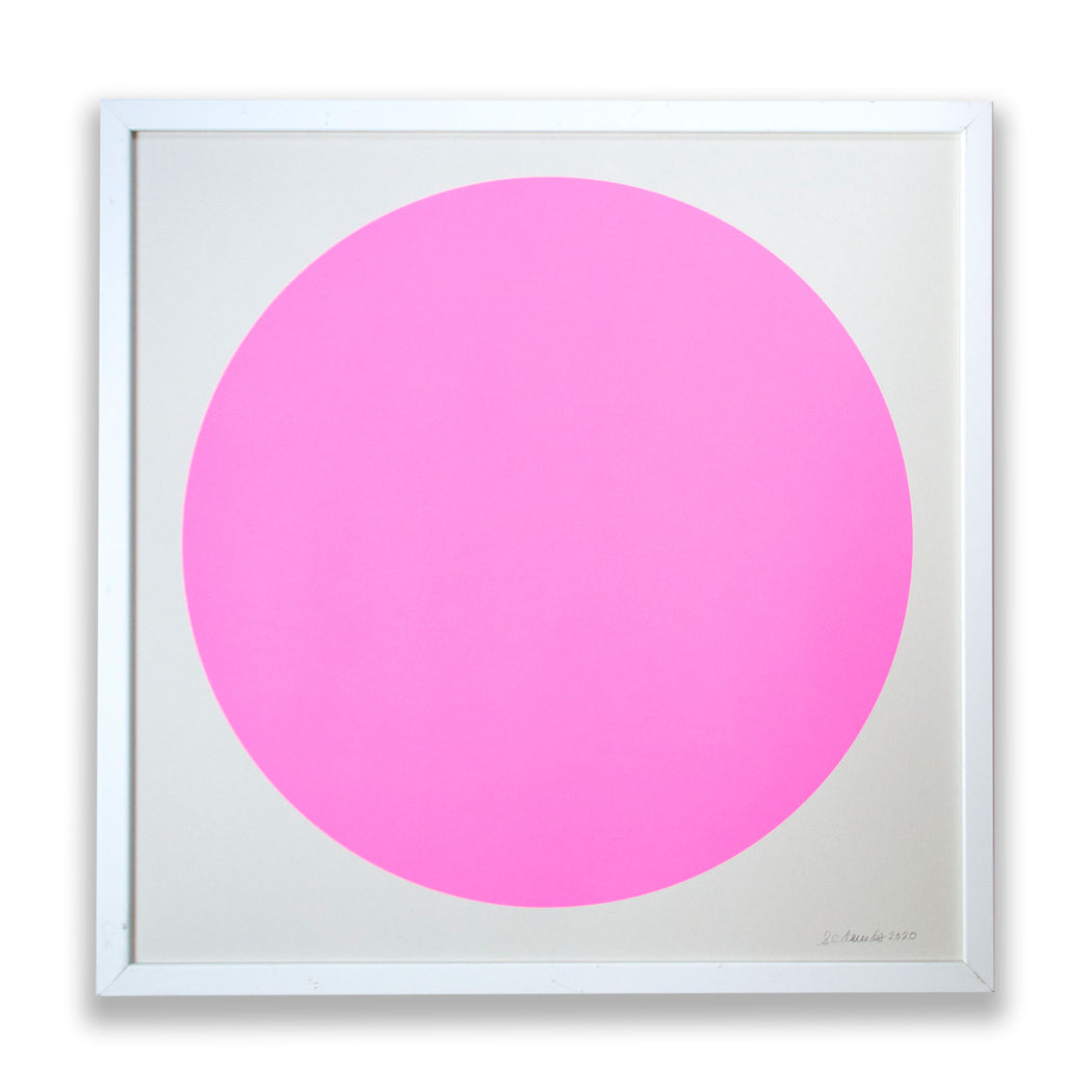 Pastel neon pink dot or sun screen print in a frame