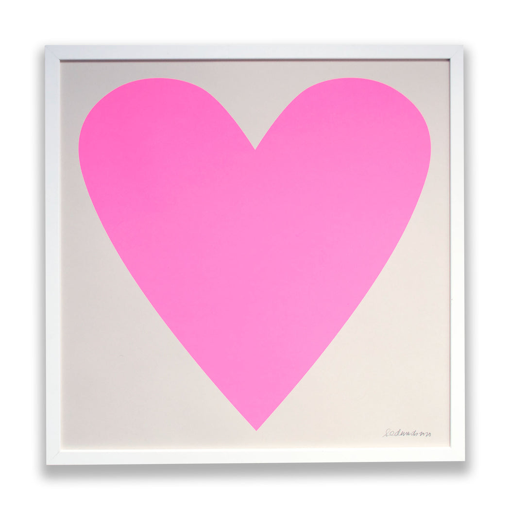 Cool pastel neon pink heart screen print in a white frame