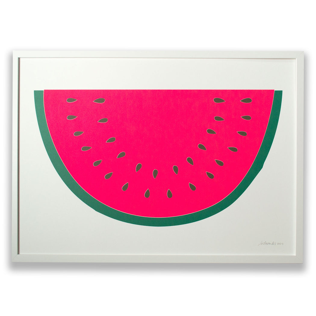 Screen print of a giant slice of watermelon