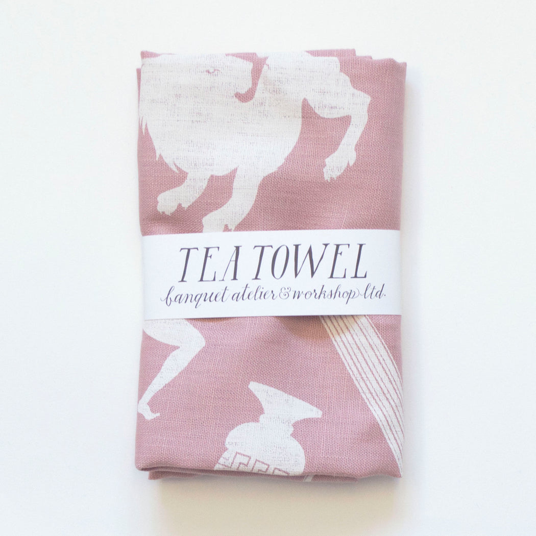 Linen Tea Towel - screen printed ancients - White on Pink