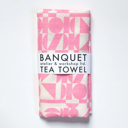Linen Tea Towel - Screen Printed Geometrics - Bubblegum Pink on White
